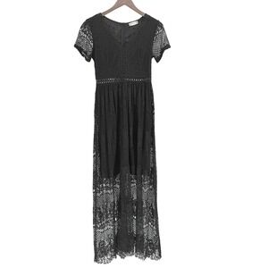 Fairy Grunge Blk Crochet Lace Maxi Dress Short Sleeve Sheer Scalloped Hem Small
